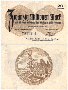 Kahdenkymmenen miljoonan markan seteli, 1923 (recto ja verso) tekijältä German School