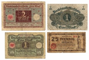 Kahden markan seteli, kaksi yhden markan seteliä ja kaksikymmentäviisi pfennigin seteli, 1920-21 tekijältä German School
