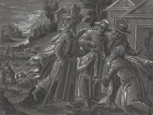 Abraham enkeleitä viihdyttämässä [kääntöpuoli], noin 1600 (tussi ja tussi). tekijältä German School