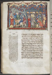 Lisätä. 22413, f.71 Sadonkorjuukohtaus, "eteläsaksalaisesta Machzorista (Festivalin rukouskirja)", n. 1320 (mustetta ja väriä perunakalvolla) tekijältä German School