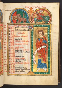 Lisätä. 60629, f.4 Heinäkuu. 12 kalenterisivua kullalla ja väreillä, arkkitehtonisilla kehyksillä jokaisessa horoskooppimerkki, apostoli ja kuukauden työ.  Psalteri. Valaistu psalteri kalenterilla, lauluilla ja litanialla nunnille, . tekijältä German School