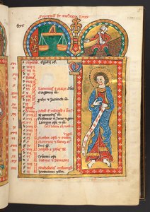 Lisätä. 60629, f.5 Syyskuu. 12 kalenterisivua kullalla ja väreillä, arkkitehtonisilla kehyksillä jokaisessa horoskooppimerkki, apostoli ja kuukauden työ.  Psalteri. Valaistu psalteri kalenterilla, lauluilla ja litanialla nu:n käyttöön tekijältä German School
