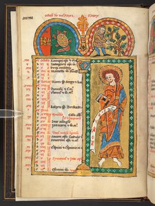 Lisätä. 60629, f.5v Lokakuu. 12 kalenterisivua kullalla ja väreillä, arkkitehtonisilla kehyksillä jokaisessa horoskooppimerkki, apostoli ja kuukauden työ.  Psalteri. Valaistu psalteri kalenterilla, lauluilla ja litanialla nunnalle tekijältä German School