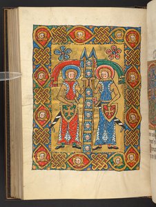 Lisätä. 60629, f.84v Kaksi sotilaspyhimystä toisten pään kanssa (vellum) tekijältä German School