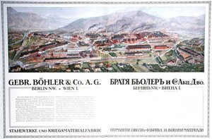 Mainos itävaltalaisen Gebr.Boehler & Co:n terästehtaasta ja asetehtaan bulgarialaisesta almanakista, n. 1916 (värilitho) tekijältä German School