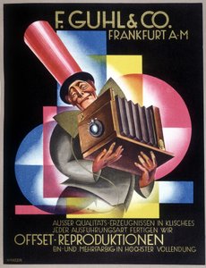 Mainos saksalaiselle kameravalmistajalle Offset. Saksalaisessa sanomalehdessä "" Gebrauchs Graphik". tekijältä German School