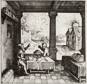 Astrologi heittää horoskooppia, kopio kuvituksesta Robert Fluddin Utriusque Cosmi Historiasta, Oppenheim 1617, käytetty Historia of Magic, julkaistu 1800-luvun lopulla tekijältä German School
