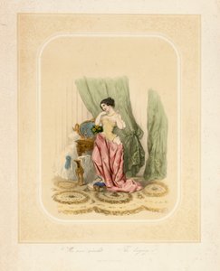 Tyylikäs nainen peilipöytänsä ääressä, painatus F. Sala & Co, Berliini, n. 1850 tekijältä German School