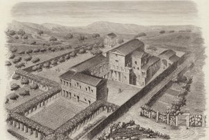 Muinainen kreikkalainen maalaistalo Al-Barahissa, Syyriassa. Kuva Bilder-Atlasista (kaiverrus) tekijältä German School