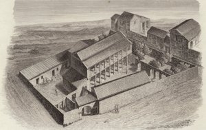 Muinaiset kreikkalaiset talot Moudlejassa, Syyriassa. Kuva Bilder-Atlasista (kaiverrus) tekijältä German School