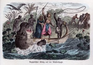 Muinaishistoria. Egypti. Faarao virtahepoa metsästämässä. Saksalainen ... (kaiverrus) tekijältä German School