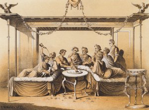 Muinaiset roomalaiset nauttimassa ateriaa (värilitografia) tekijältä German School