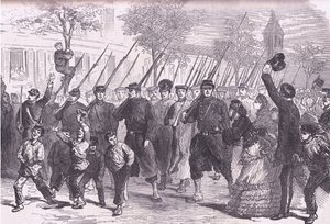Preussilaisten vankien saapuminen Pariisiin Bagneunia edeltävän taistelun jälkeen, Cassells History of the War Ranskan ja Saksan välillä, julkaisija Cassell and Company Limited, n. 1890 (litho) tekijältä German School