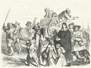 Ranskalaisten hugenottien saapuminen Brandenburgiin sen jälkeen, kun suuri vaaliruhtinas Frederick William antoi Potsdamin ediktin vuonna 1685 (kaiverrus) tekijältä German School