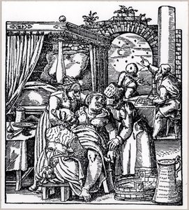 Astrologit laativat horoskoopin synnytystuolissa istuvan naisen syntyvälle lapselle, Jacob Rueffin teoksesta De Conceptu et Generatione Hominis, julkaistu Frankfurtissa, 1587 tekijältä German School