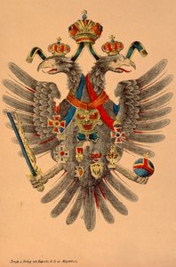 Itävalta-Unkarin keisarillinen vaakuna, julkaisija Robraki & Co., Magdeburg, n. 1865 (värillinen puupiirros) tekijältä German School