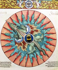 BT1.70.2 Auringonpimennys, kuvitus Astronomicum Caesareumista, kirjoittanut Peter Apian (Bennewitz) (1495-1552) pub. Ingolstadtissa, 1540 (värillinen puupiirros) tekijältä German School