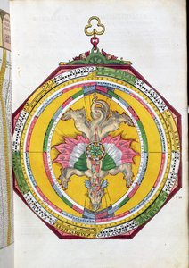 BT1.70.2 Volvelleor horoskoopilla, kuvitus Astronimicum Caesareumista Peter Apianin (Bennewitz) (1495-1552) pub. Ingolstadtissa, 1540 (värillinen puupiirros)