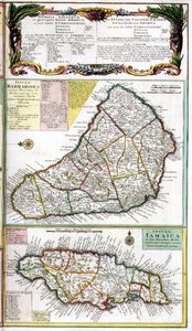 Barbados ja Jamaika, yksityiskohta Karibian Englannin siirtokuntien kartalta, pubi. kirjoittanut Homanns Heirs, Nürnberg, n. 1750 (yksityiskohta 101836) tekijältä German School