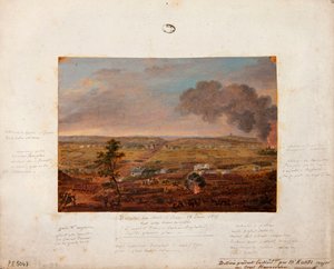 Mont-Saint-Jeanin taistelu, Hannoverin yksikön majuri Kuntsin toiminnan aikana piirtämä ja maalaama 18. kesäkuuta 1815 (lyijykynä ja guassi pahville) tekijältä German School