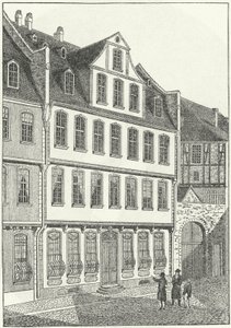 Saksalaisen kirjailijan ja valtiomiehen Johann Wolfgang von Goethen syntymäpaikka, Frankfurt, Saksa (kaiverrus) tekijältä German School