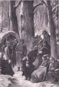 Bivouac lumessa, Cassells History of the War välillä Ranskan ja Saksan välillä, julkaisija Cassell and Company Limited, n. 1890 (litho) tekijältä German School