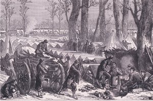 Kenraali Du Croyn joukkojen bivouac Vincennesin metsissä, Cassells History of the War Ranskan ja Saksan välillä, julkaisija Cassell and Company Limited, n. 1890 (litho) tekijältä German School