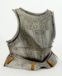 Rintalevy modernilla koristeella, n. 1550 (etsattu teräs, kullan jälkiä ja modernia nahkaa) tekijältä German School