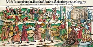 Broadsheet-sanomalehtikertomus ja kuvat Itävallan arkkiherttuatar Maria Christinan ja Siebenbürgenin prinssin (Transylvania) suurlähettilään Sigismund Báthoryn avioliitosta maaliskuussa 1595 ja Călugărenin taistelusta elokuussa 1595, n. 1 tekijältä German School