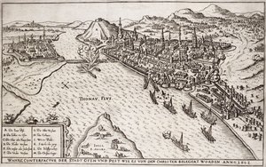 Buda ja Pest kristittyjen piirittämä vuonna 1602, Paul Furstin (n. 1605-1666) kaiverrettu kuva kirjasta ottomaanien sotatoimista Euroopassa tekijältä German School