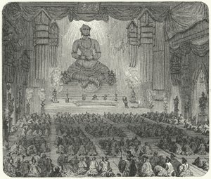 Buddhalaiset palvovat luostarissa Pekingissä (kaiverrus) tekijältä German School