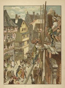 Rakentajat talon parissa (väri litho) tekijältä German School