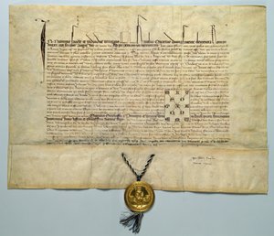 Kaarle IV:n bulla (1316-78) Pyhän Rooman keisari, 29. tammikuuta 1365 (muste pergamentissa kultasinetillä) tekijältä German School