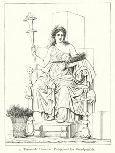 Ceres, roomalainen sadonkorjuun jumalatar, valtaistuimella, seinämaalaus Pompejista (kaiverrus) tekijältä German School