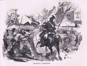 Charging a barricade, Cassells History of the sodan Ranskan ja Saksan välillä, julkaisija Cassell and Company Limited, n. 1890 (litho) tekijältä German School