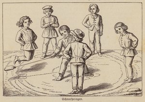 Lapset leikkivät köydenhyppyleikkiä (kaiverrus) tekijältä German School