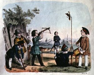 Lapset ampuvat maalia arkebussilla, n.1860 (värikaiverrus) tekijältä German School
