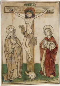 Kristus ristillä Marian ja Pyhän Johanneksen kanssa, n. 1470-80 (käsinvärinen puupiirros pergamentille) tekijältä German School