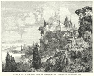 Napolinlahden rantaviiva antiikin roomalaisesta Baiaen kaupungista, Kap Misenosta, Vesuvius kaukaa (litho) tekijältä German School