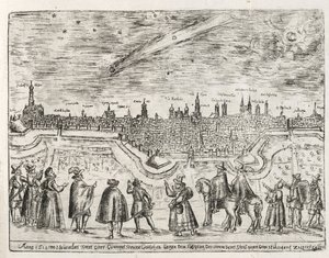 Komeetta nähty Augsburgin yllä marraskuun lopussa 1618 Cometen Historiasta, pubista. 1618 tekijältä German School