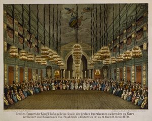 Kuninkaallisen bändin konsertti Dresdenin oopperatalon auditoriossa keisarillisen parin kunniaksi, 1812 (värilitho) tekijältä German School