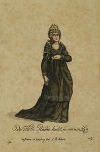 Pukusuunnittelu Yön kuningattaren rooliin Wolfgang Amadeus Mozartin oopperassa Taikahuilu, julkaissut Leipzigissä I. B. Klein, 1793 (värikaiverrus) tekijältä German School