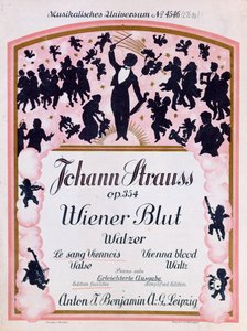 Kansi Johann Strauss II:n (1825-99), 1930 kuuluisan valssin Wiener Blut op.354 partituurista tekijältä German School