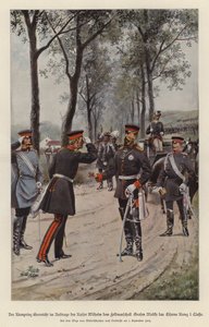 Saksan kruununprinssi Frederick palkitsee kenttämarsalkka Helmuth von Moltken rautaristin isänsä keisari Wilhelm I:n puolesta (värilitho) tekijältä German School