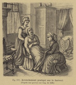 Vauvan synnytys, kun äiti istuu synnytystuolissa, 1500-luku tekijältä German School