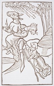 Lähtö sapattina, kopio Ulrich Moliorin kuvituksesta Von den Unholden oder Hexen, Constanz 1489, käytetty Taikuuden historiassa, julkaistu 1800-luvun lopulla tekijältä German School