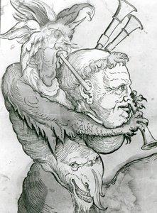 Paholainen soittaa miehen päätä säkkipillinä, 1144 (puupiirros) tekijältä German School