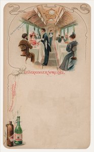 Ruokailuauto junassa, mainos Ueberkinger Sprudel -pöytävedestä (chromolitho) tekijältä German School