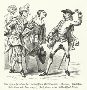 Tohtori, Pantalone, Arlecchino ja Scaramuccia, neljä hahmoa Commedia dell