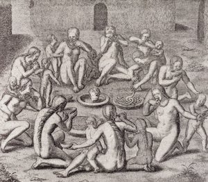 Vangin lihan syöminen vanhan historioitsijan mukaan Gottfriedin "Historia Antipodumista", pubista. 1655, teoksesta The Romance of the River, osa. Minä, W. H. Koebel, 1914 tekijältä German School